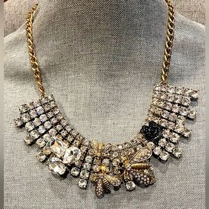 Vintage Aldo Statement Necklace Rhinestone Crystals Bees Antique Brushed Gold